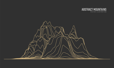 Contour mountain landscape. Waved line art. Abstract minimal topographic map. Contour lines with elevations and terrain depth. Vector illustration.