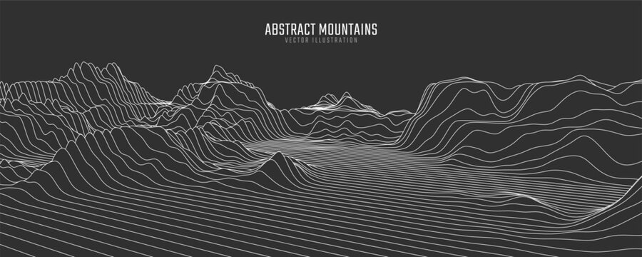 Contour mountain landscape. Waved line art. Abstract minimal topographic map. Contour lines with elevations and terrain depth. Vector illustration.