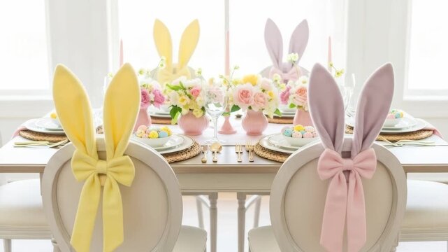Easter Table Setting: An elegant Easter table setting, featuring charming bunny ear decorations adorning chairs and complementing the soft pastel hues of the scene.