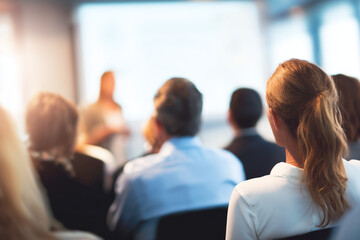 Close up of a Group of people attend corporate event. Female Audience watches projection screen with sustainability presentation . Professionals learn in classroom setting. Teamwork, education, strate