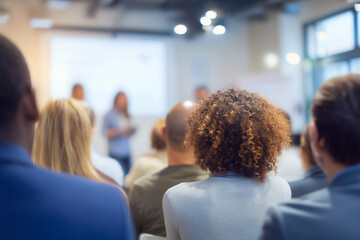 Close up of a Group of people attend corporate event. Female Audience watches projection screen with sustainability presentation . Professionals learn in classroom setting. Teamwork, education, strate