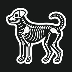 Fototapeta premium Monochrome vector illustration of a dog skeleton sticker on a black background.