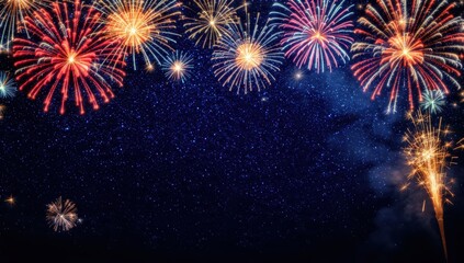 Spectacular fireworks exploding in red and gold against a deep blue, sparkling starry night sky background. Festive header template for holiday, New Year, or celebration banner.