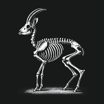 Detailed anatomical illustration of a goat skeleton on black background.