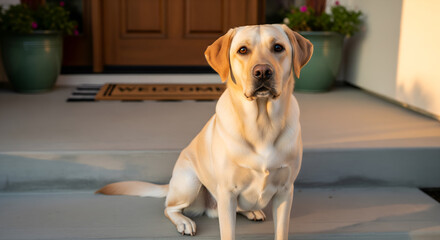 Yellow Labrador Retriever Sitting on Front Porch Near Welcome Mat