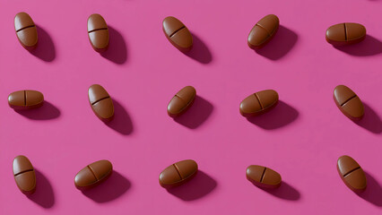 Brown oval medical pills pattern on pink background flat lay with hard shadows