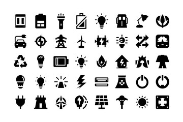 Fototapeta premium Energy and power solid icons for web and mobile designs | Pause, battery, flashlight, charging, bulb, gas.