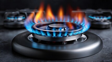 A gas stove burner is lit with blue flames. The blue flames are a result of the gas being ignited