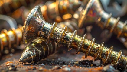 Close-up macro shot of several brass screws scattered on a rusty metal surface, highlighting their threaded design and metallic texture.