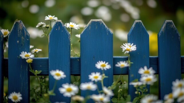 White daisies blooming against weathered blue fence summer garden scene