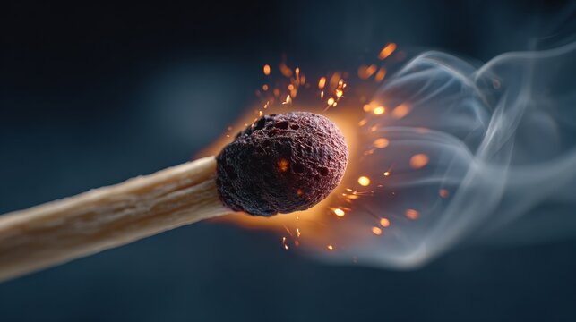 A matchstick is lit and the flame is burning brightly. The smoke from the burning matchstick is rising into the air - Powered by Adobe