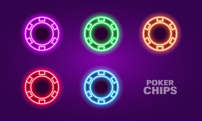 Neon poker chips of different colors. Bright glowing chips for casino and poker. Vector illustration.