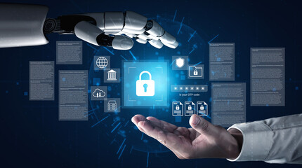 Explore the dynamic interaction between human and robotic hands, symbolizing advanced technology and security in the digital realm focused on data protection and cybersecurity. Gantry