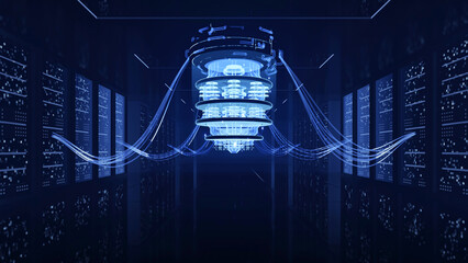 Quantum computer technology in server room with glowing data wires, Futuristic sci-fi scene of artificial intelligence, 3d rendering © nuchao