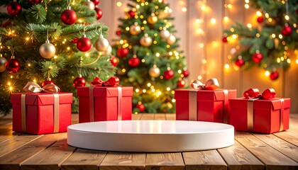 White circular product podium centered on a rustic wooden table surrounded by red holiday gift boxes and glowing Christmas trees