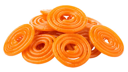Fototapeta premium Vibrant orange jalebi sweets on transparent background, Indian dessert delicacy