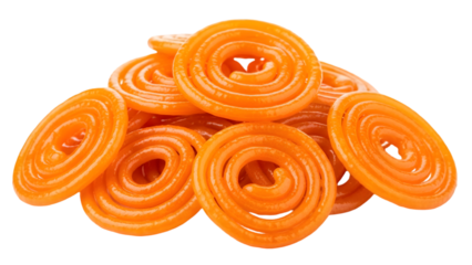 Vibrant orange jalebi sweets on transparent background, Indian dessert delicacy
