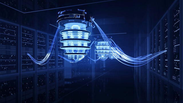 Quantum computer technology in server room with glowing data wires, Futuristic sci-fi scene of artificial intelligence, 3d rendering, Looping animation