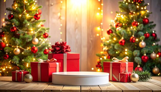White circular product podium centered on a rustic wooden table surrounded by red holiday gift boxes and glowing Christmas trees - Powered by Adobe