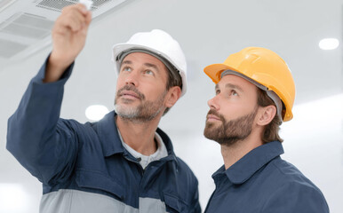 Focused professional male construction worker team inspecting ceiling ventilation with serious expression while pointing up at indoor building site