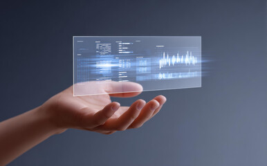 Futuristic hand holding holographic digital interface with data analysis charts and glowing blue technology element showing confident innovation and virtual progress in business science