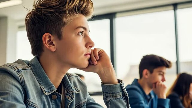 Young Student Contemplating: A focused young student, engrossed in thought within a bright classroom. Reflection of youth and education.