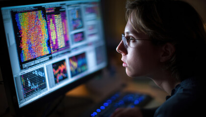 Focused woman analyst examining colorful data chart on computer screen in dark office showing serious expression while working late night on important scientific project research