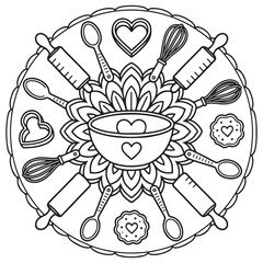 A delightful baking mandala featuring kitchen tools and sweet treats for creative coloring
