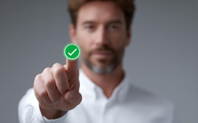 Blurred caucasian man showing successful approval by pressing green checkmark button on virtual screen with confident expression and white shirt on grey background