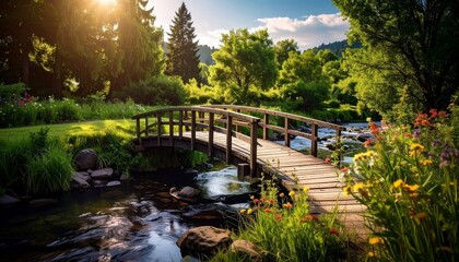 A picturesque wooden bridge arches over a gentle stream in a sun-drenched forest clearing, surrounded by lush greenery and vibrant wildflowers.