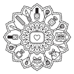 A delightful mandala design filled with beauty essentials, perfect for a relaxing coloring experience