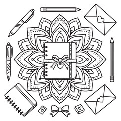 A beautiful mandala-patterned coloring page featuring stationery items and a charming notebook