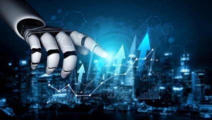 A futuristic robotic hand points towards a digital representation of stock market growth, capturing the blend of advanced technology and business analytics in a vibrant city setting. Scalp