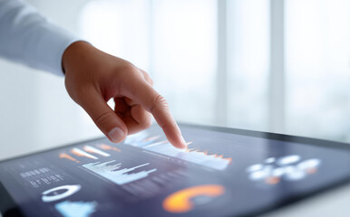Close up of confident business hand pointing at digital tablet screen analyzing financial data charts and statistics in modern bright corporate office displaying growth and success