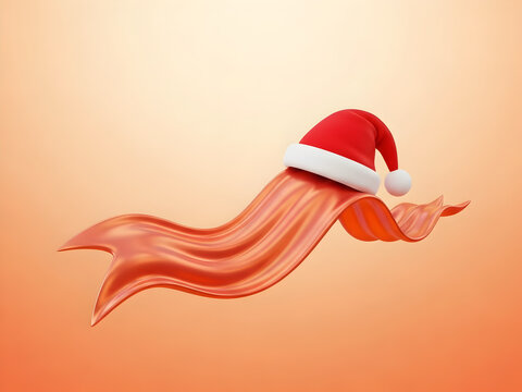 A red santa hat floating on a wavy orange ribbon, christmas minimalist design illustration