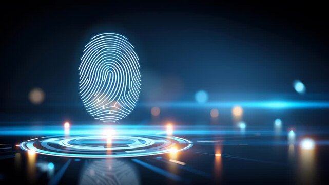 Futuristic fingerprint biometric security interface showing data protection and access glowing