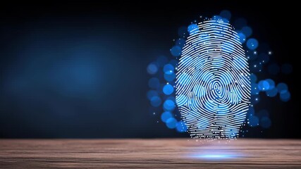 Blue biometric fingerprint data security identity authentication visualization glowing wooden - Powered by Adobe