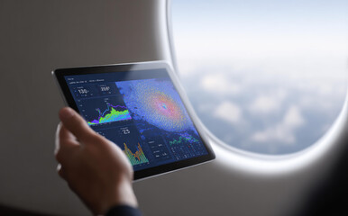 Passenger holding modern digital tablet showing data analytics charts while traveling by airplane near window view of sky and cloud for business travel concept with professional and focused mood