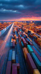 Busy industrial shipping port terminal with colorful container cargo stacks illuminated by dramatic sunset sky creating busy and energetic logistics mood