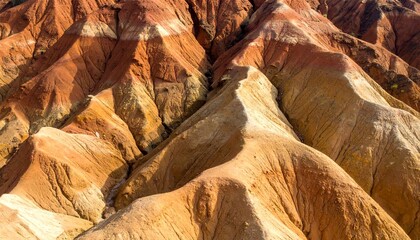 Close-up view of colorful desert badlands with layers of orange, brown, and white rock formations.