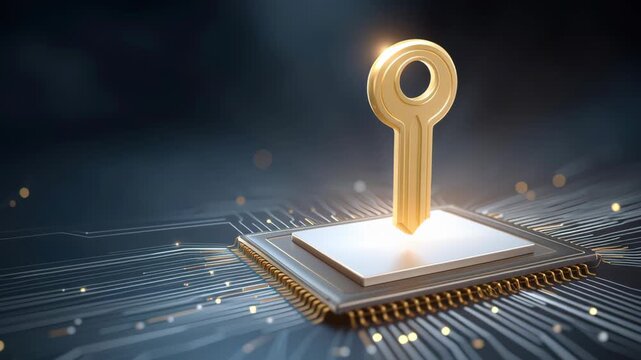 Gold key above microchip symbolizing data security encryption circuit and key microchip for circuit
