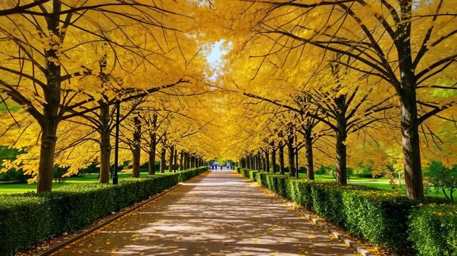 Golden Canopy Avenue: A serene, tree-lined avenue radiates a sense of peace and natural splendor, with vibrant golden leaves creating a mesmerizing canopy overhead.