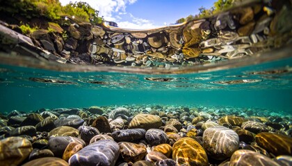 Underwater view of a clear riverbed with smooth stones and aquatic plants, showing the surface and sky above.