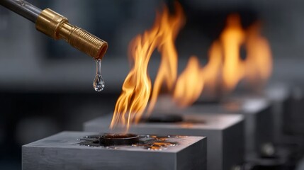A metal object with a flame coming out of it. The flame is surrounded by water droplets