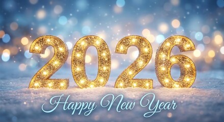 Glowing Golden 2026 Numbers on Snowy Ground with Bokeh Lights Happy New Year Keywords: 2026, new year, happy new year, glowing, golden, illuminated