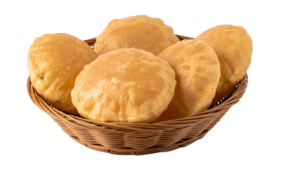 Golden fried Indian bread in a wicker basket on transparent background