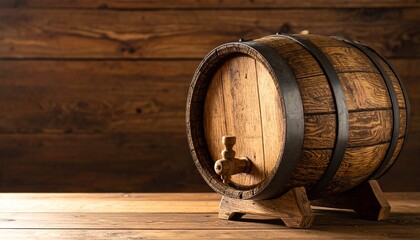 A wooden barrel with a spigot, resting on a wooden stand against a rustic wooden background.