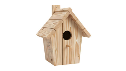 Wooden birdhouse on transparent background, natural pine wood bird house