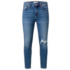 Stylish blue denim jeans with distressed knee detail for modern wardrobe transparent background