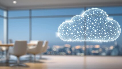 Cloud data security network icon glowing in modern office skyline with digital sphere over city - Powered by Adobe